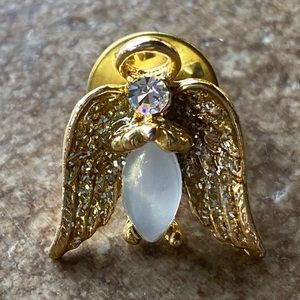Angel with halo Pin Brooch Rhinestone Moonstone gold tone